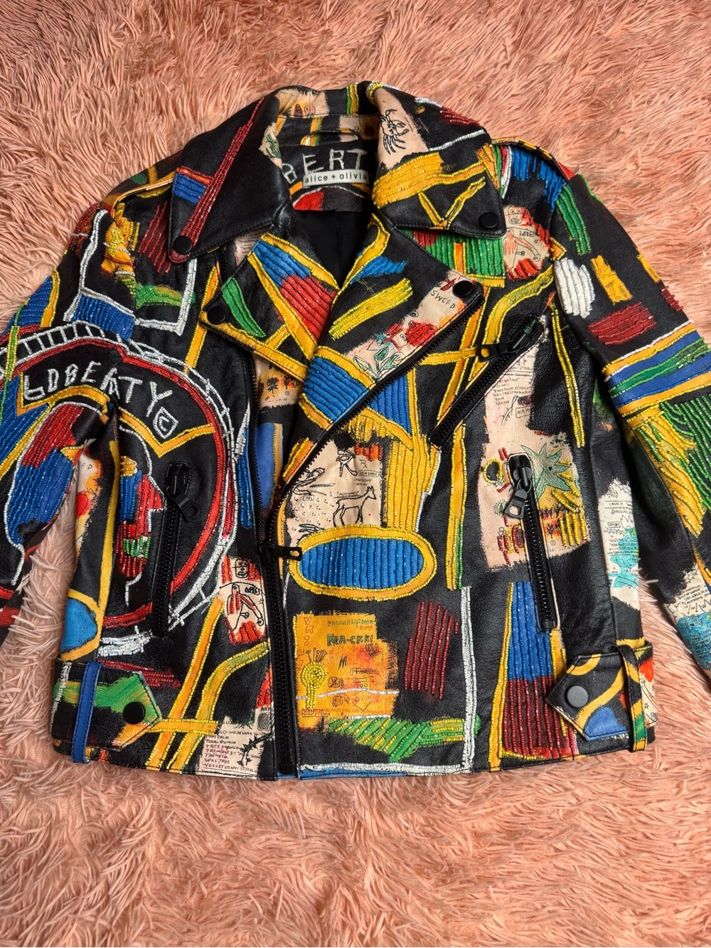 Alice + Olivia X Basquiat Cody Embellished Leather Jacket In Liberty. Size XS - Picture 8 of 17